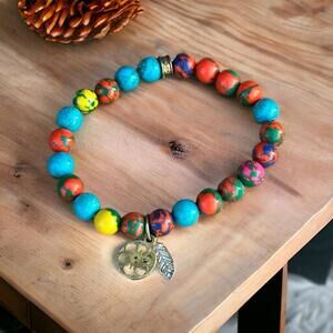Colorful Beaded Stretch Bracelet with Charm